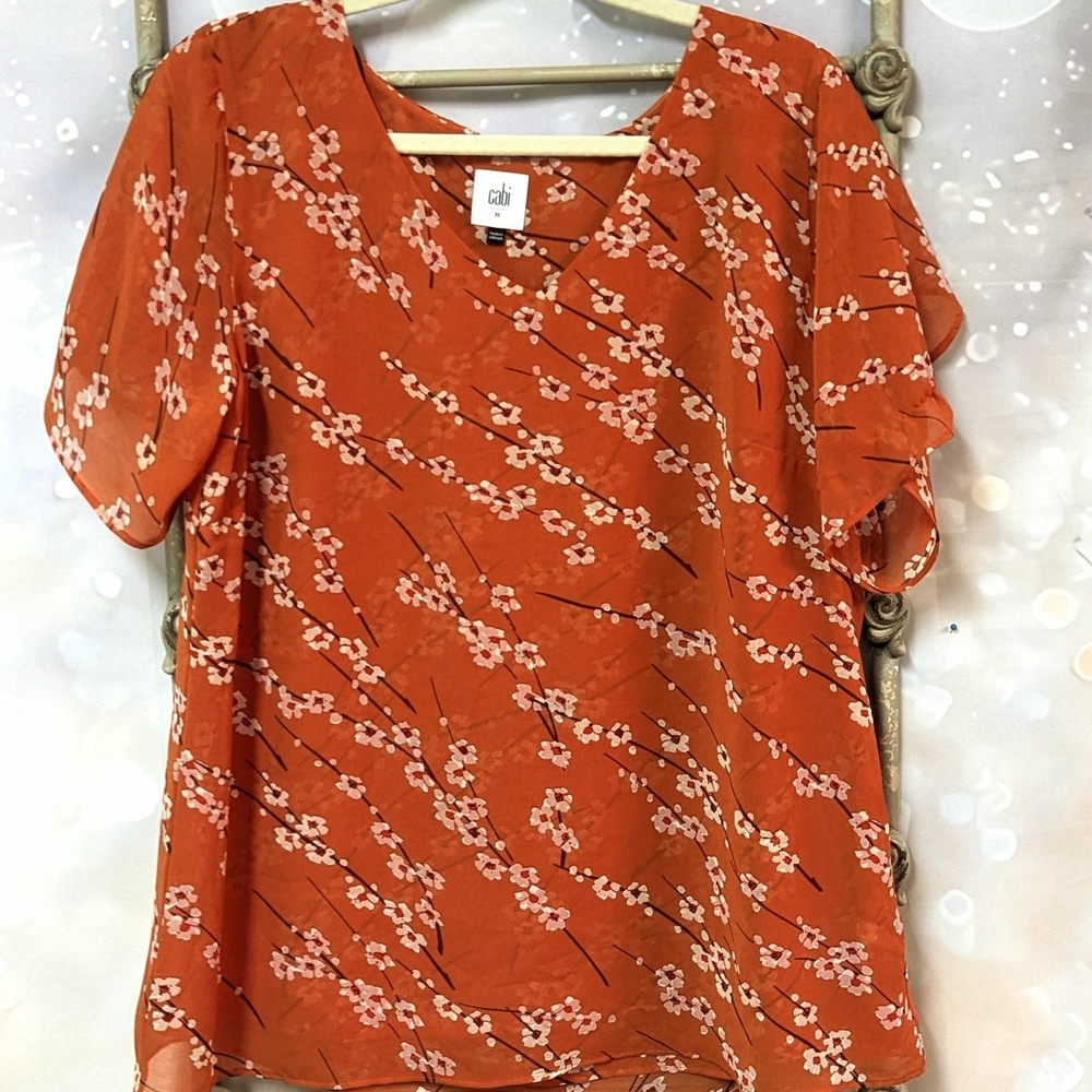 CAbi Orange Flutter Sleeve Blouse with Ruffled Details